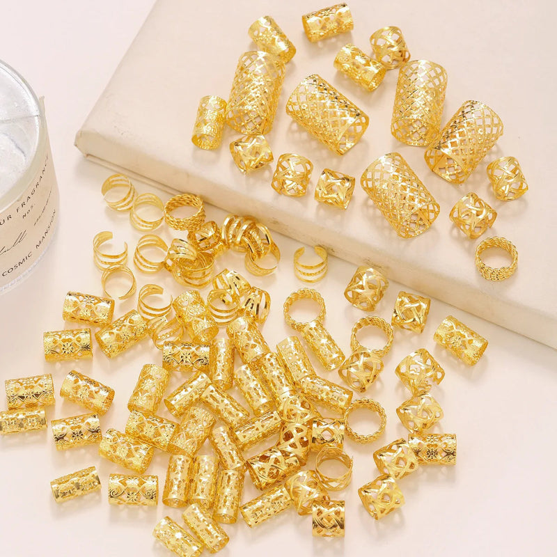 Gold adjustable hair rings and cuffs for dreadlocks and braids