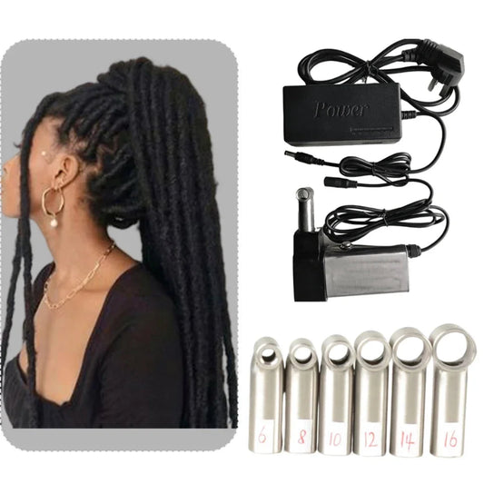Set of hair extensions with a power adapter and connectors on a white background