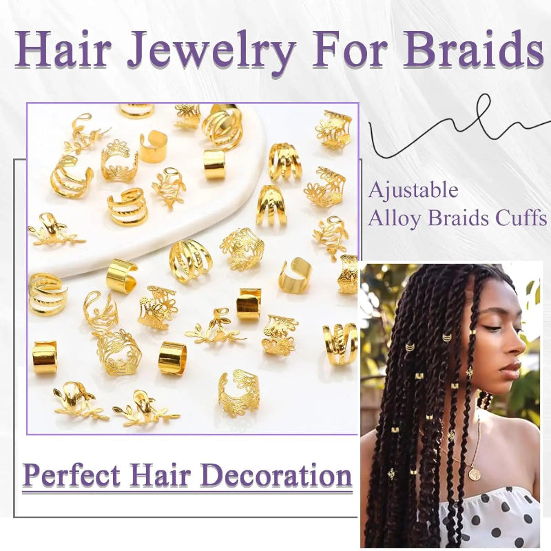 Gold hair jewelry for braids with adjustable alloy cuffs on a white background, shown on a model with braided hair.