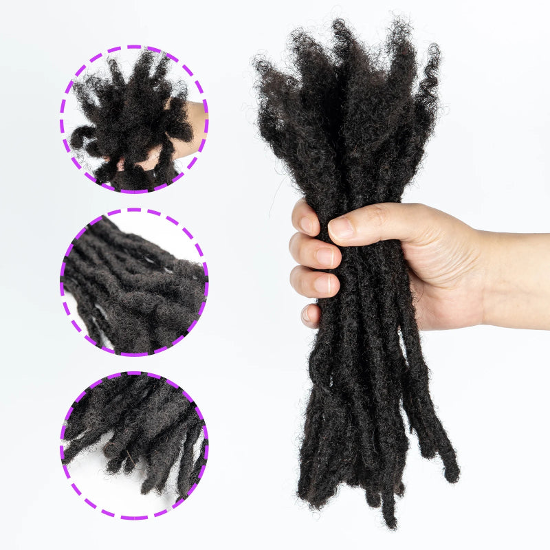 Hand holding a bundle of black synthetic dreadlocks with close-up insets on a white background
