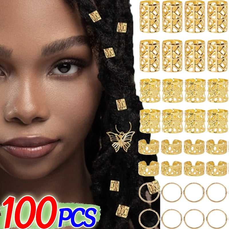 Assorted gold hair jewelry rings and cuffs for dreadlocks and braids styling