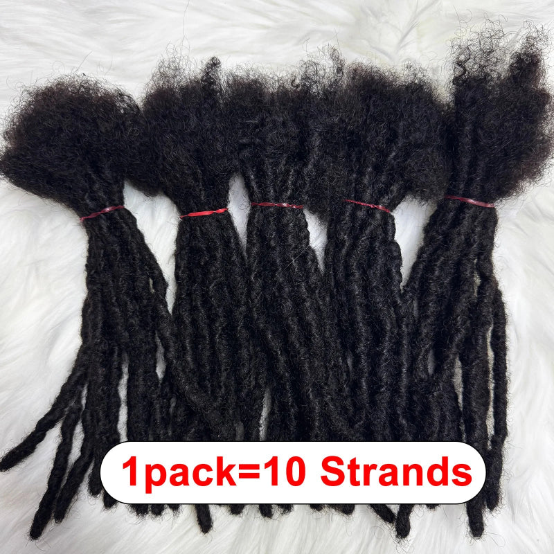 Black synthetic dreadlocks with text indicating one pack contains ten strands on a white background.