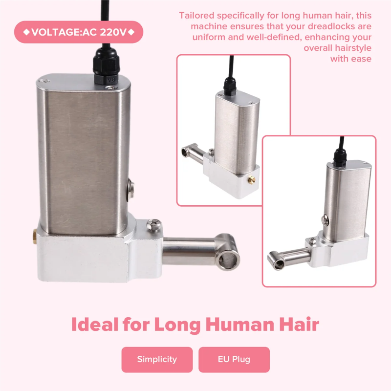 dreadlock making machine for long human hair with specifications on a pink background