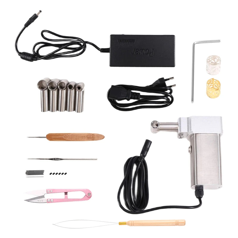 Collection of dreadlock-making tools and equipment on a white background