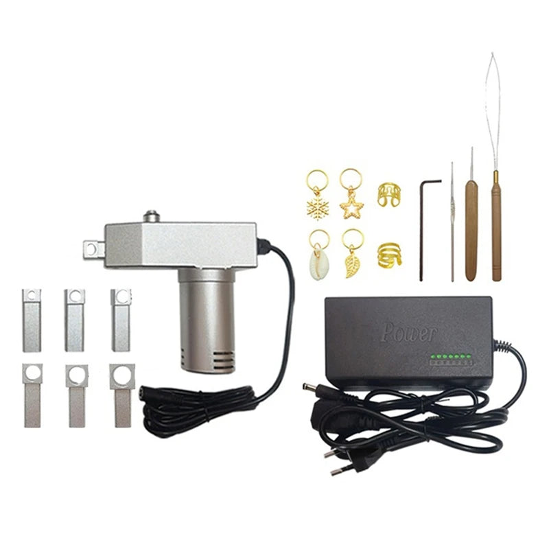 dreadlock kit with machine, power adapter, and various tools on a white background