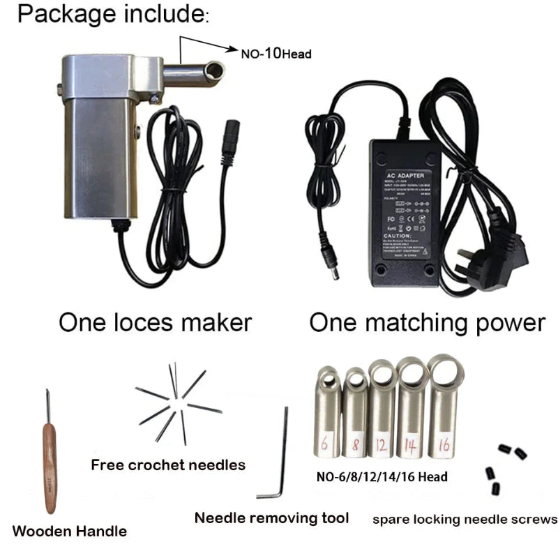 Packaged items included in the electric dreadlock machine that includes the loc maker, power cord, wooden handle crochet hook, crochet needles and locking heads.