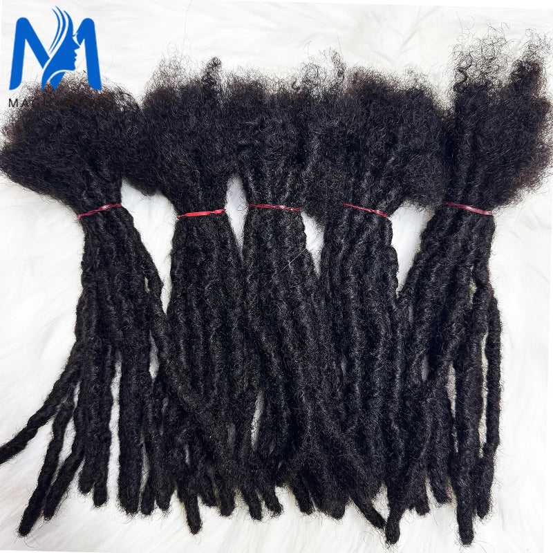 Black synthetic dreadlocks extensions on a white background with a brand logo in the corner.