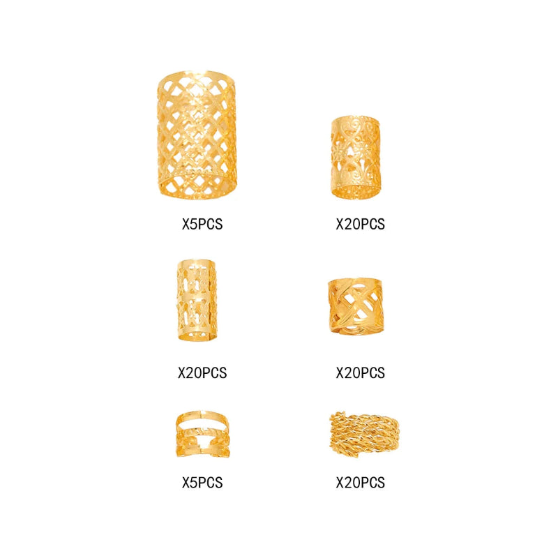 Complete set of gold dreadlock hair accessories showing different ring sizes and quantities