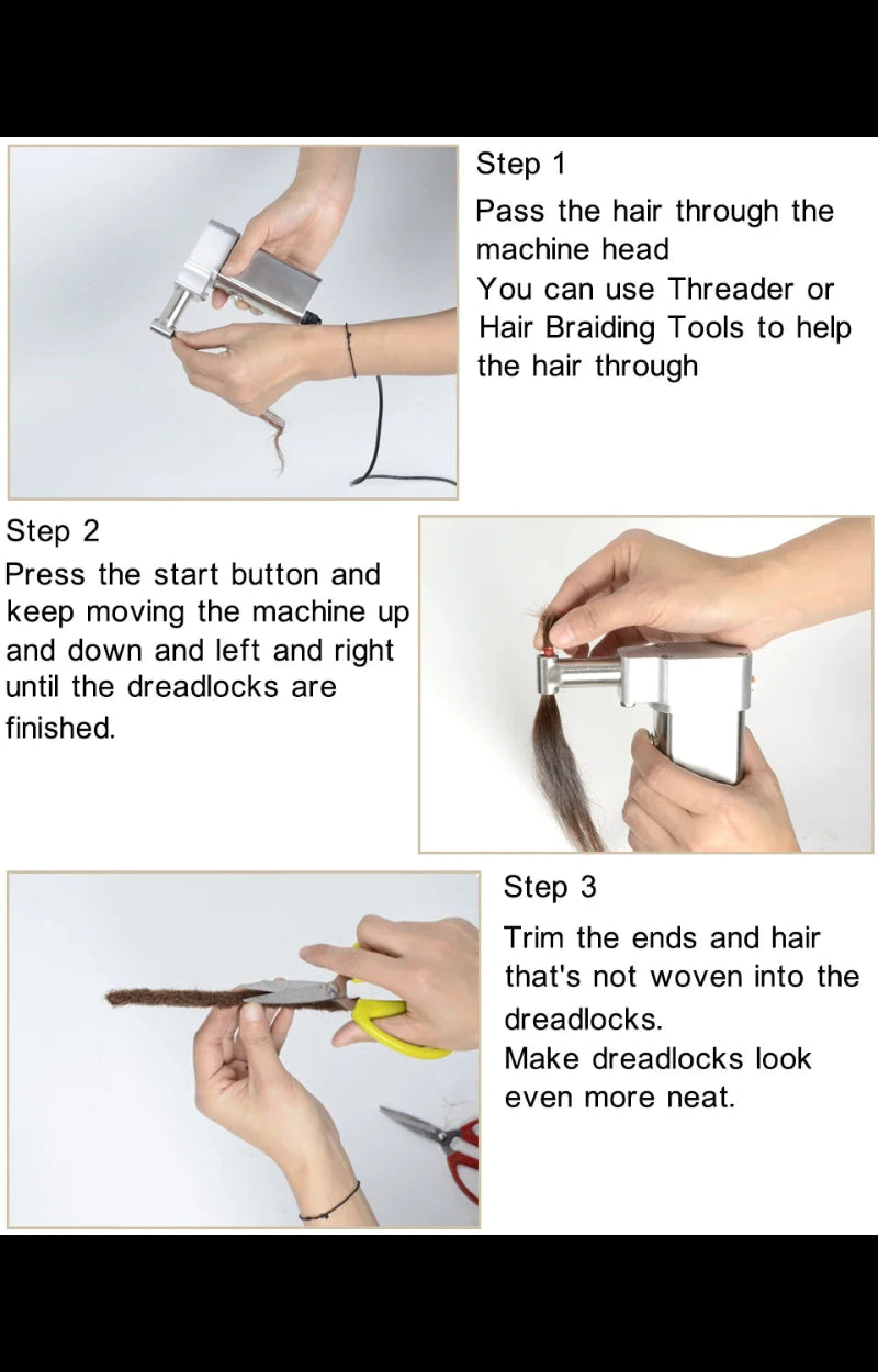 Instructions for using a hair dreadlock machine with step-by-step guidance.