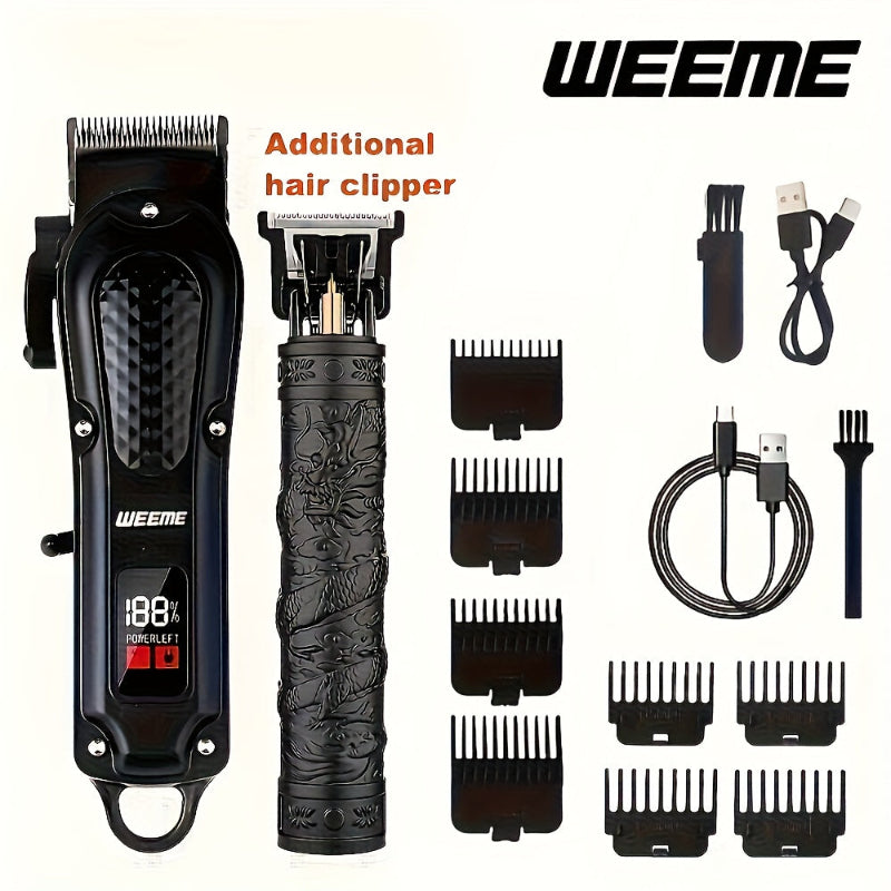 Weeme hair clipper set with attachments and charging cable on a white background