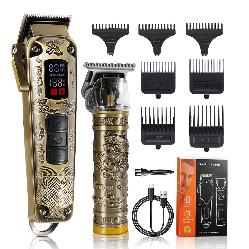 Gold and black hair trimmer set with attachments and packaging