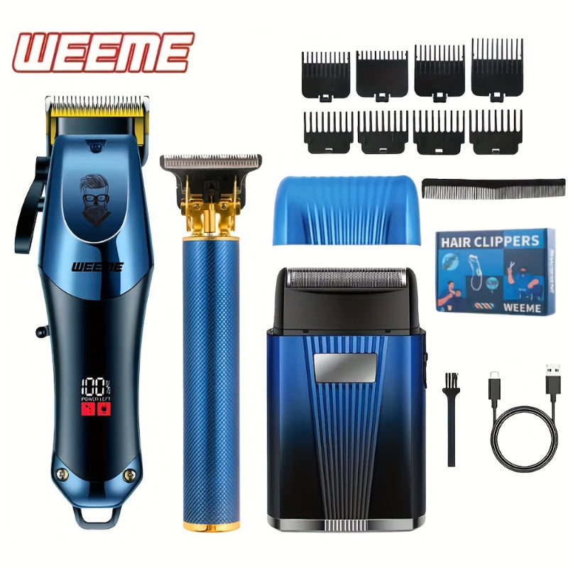 Blue hair clippers set with attachments and packaging on a white background