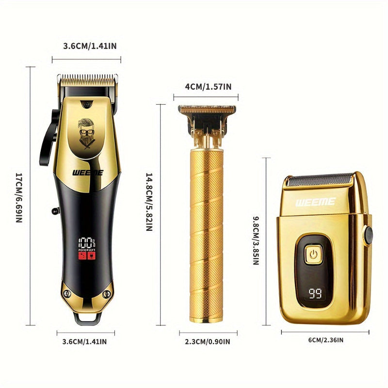 Gold and black hair trimmer set with measurements on a white background