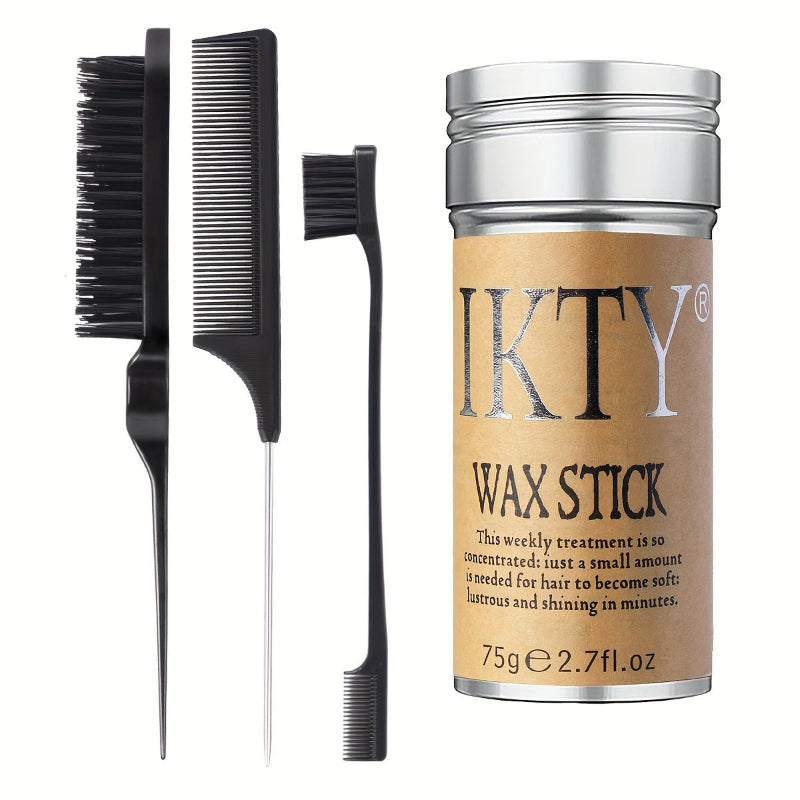 IKTY wax stick with black comb and brush on a white background