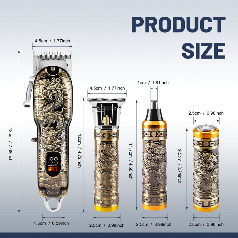 Hair trimmer set with detailed measurements on a gray background