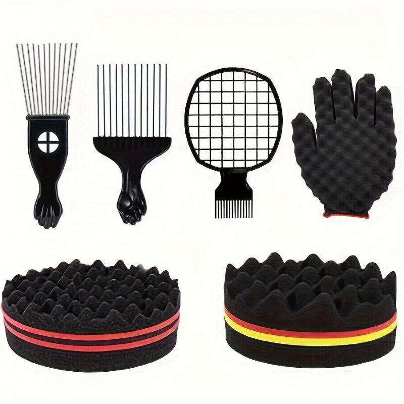 6-piece hair styling comb set with magic curl sponge glove, afro brush, and metal pick for natural hair