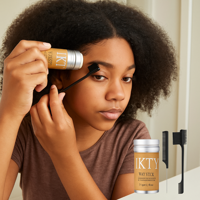 Black girl with natural hair using hair wax stick for edges