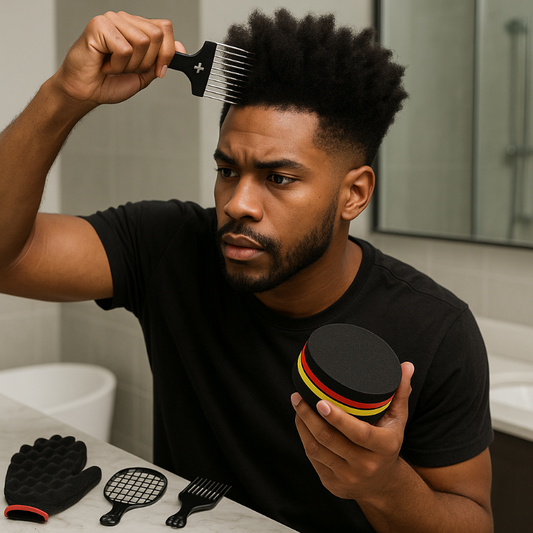 Black man using 6-piece hair styling comb set with styling tools