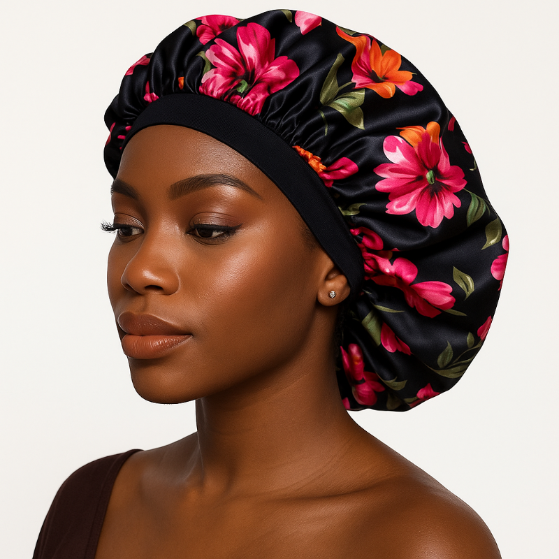 Black women wearing elegant satin bonnets