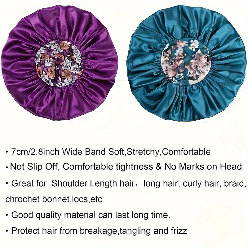Two satin hair bonnets, one purple and one blue, with decorative centers