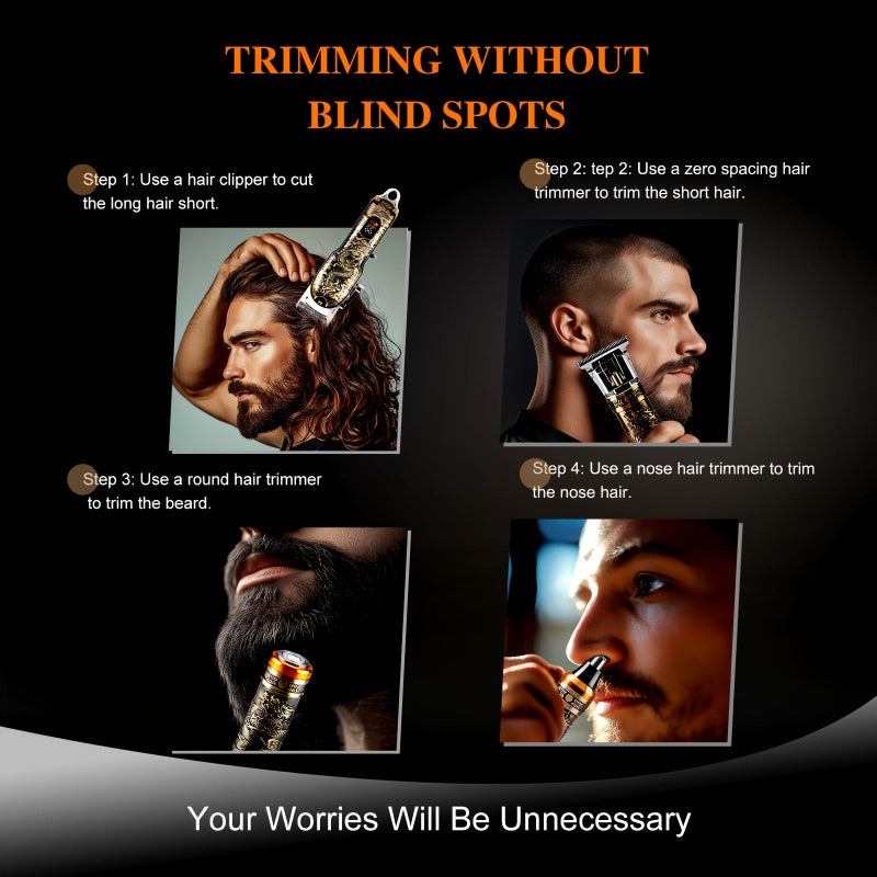 Step-by-step guide on trimming hair with various tools on a dark background.