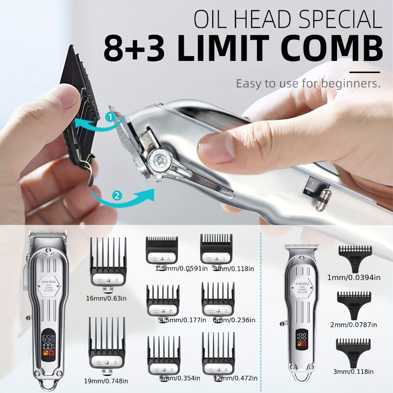 KIKIDO hair trimmer with interchangeable combs and oil head special 8+3 limit comb feature.