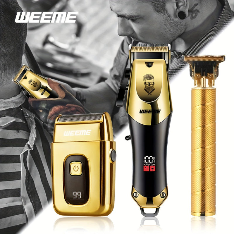 Gold and black grooming tools with 'WEEME' branding on a reflective surface.