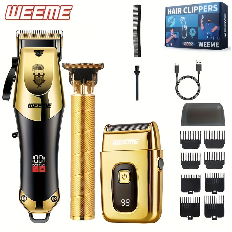 Weeme hair clippers set with gold and black design on a white background