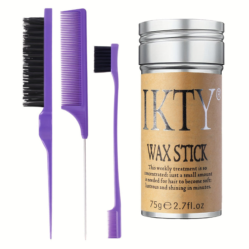 IKTY wax stick with purple comb and brush on a white background
