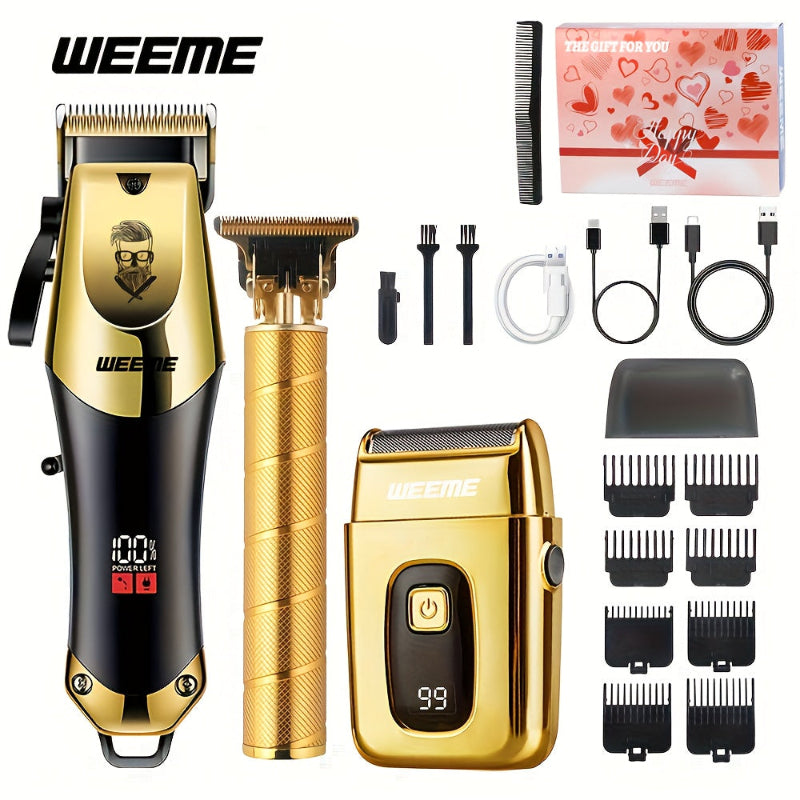 Weeme grooming kit with hair trimmer, shaver, attachments, and packaging on a white background