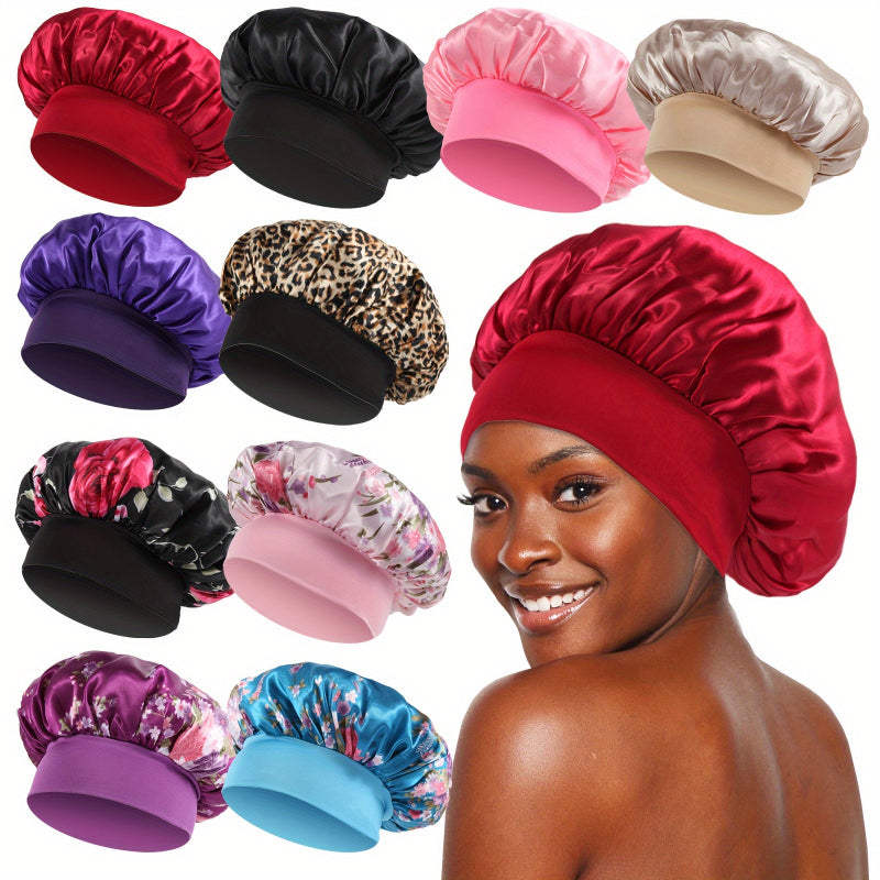 Assorted satin hair bonnets showing variety of patterns and solid colors