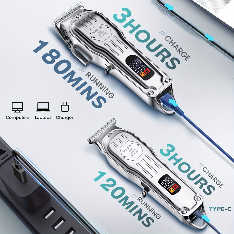 KIKIDO hair trimmer with charging cable, displaying battery life and charging time.
