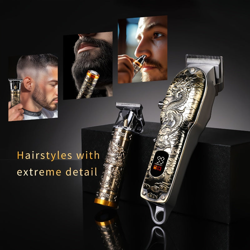 Barber shop with decorative clippers and close-up shots of a man with a beard.