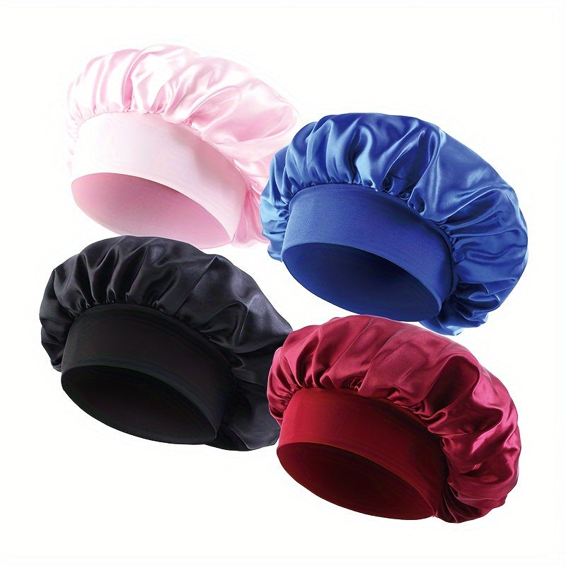 Four colorful satin bonnets in pink, blue, black, and red