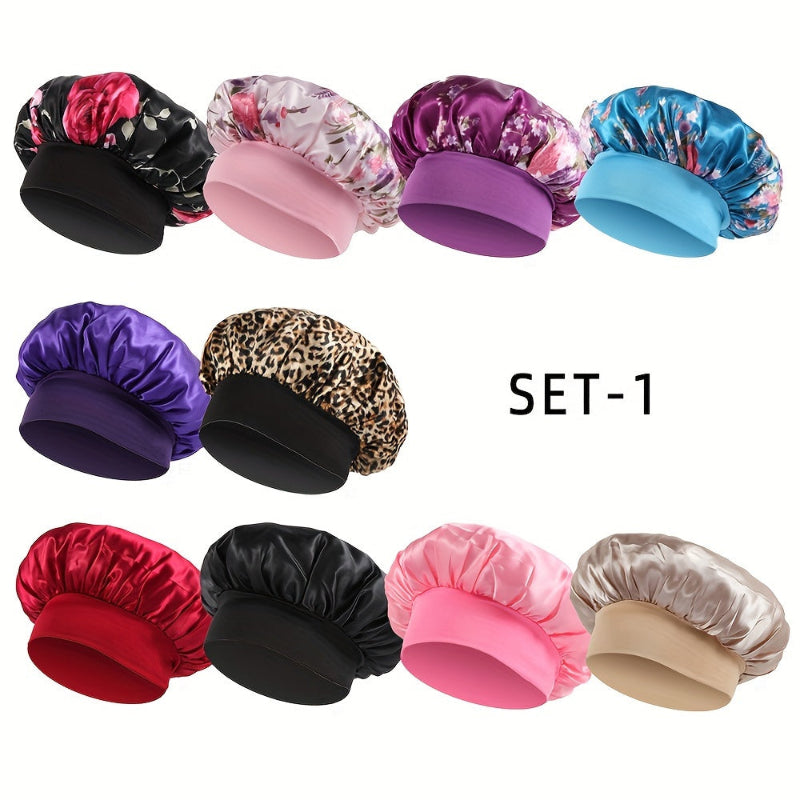 Nappy Hutt Naturals 10-piece satin bonnet set with elegant flower and leopard prints