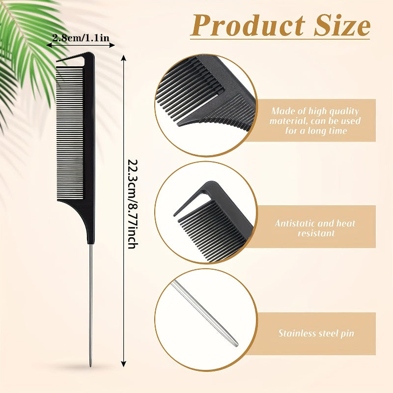 Black comb with measurements and material details on a beige background