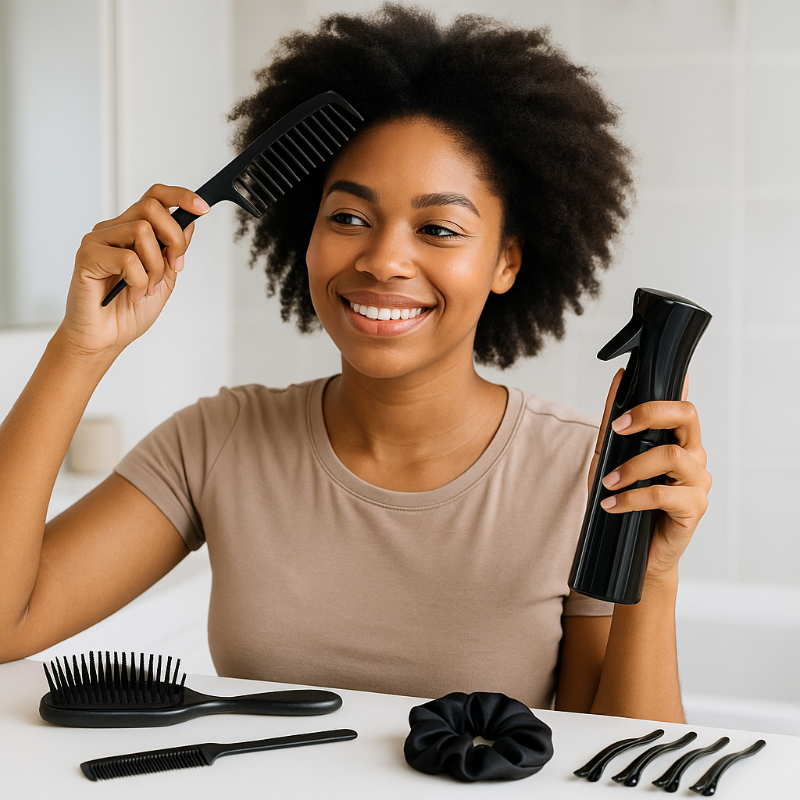 Lifestyle image of Black woman using Professional Hair Care Set