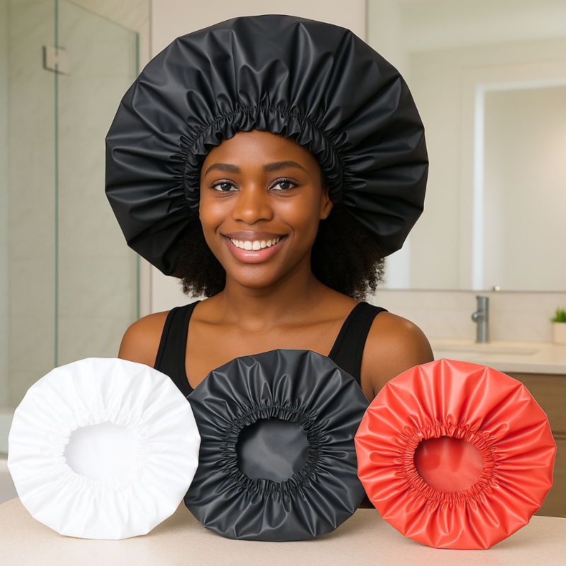 Extra large shower caps in multiple colors showing size comparison and waterproof EVA construction