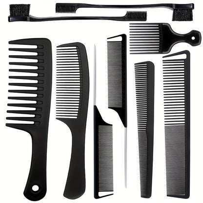 Set of black hair combs and brushes on a white background