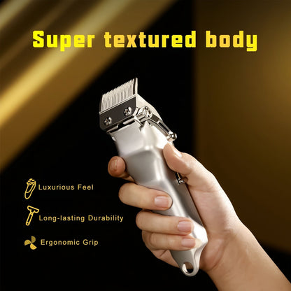 Hair clipper held in a hand with text highlighting features on a dark background