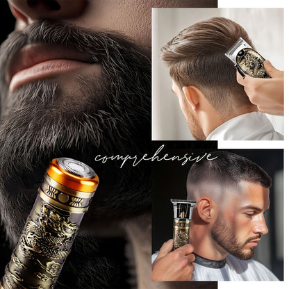 Collage of a beard trimmer being used on a person's face with close-up shots and text 'comprehensive'.