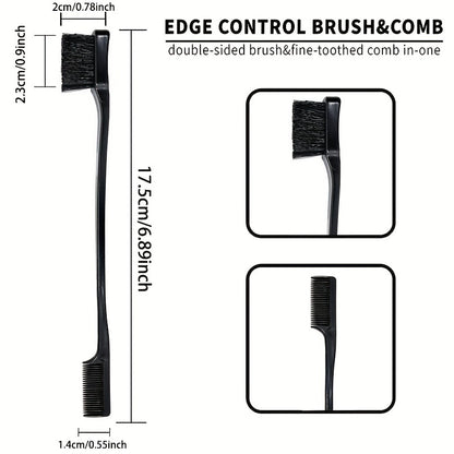 Edge control brush and comb with dimensions on a white background