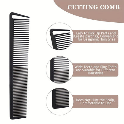 Black comb with text describing its features on a white background