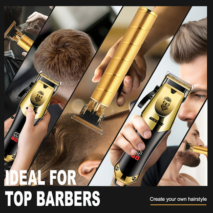 Gold and black hair trimmer with close-up shots of use on a black background