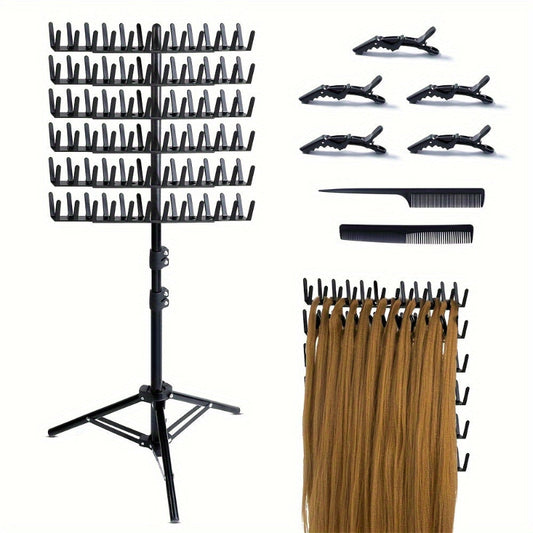 Hair extension stand with attachments and a set of hair extensions on a white background