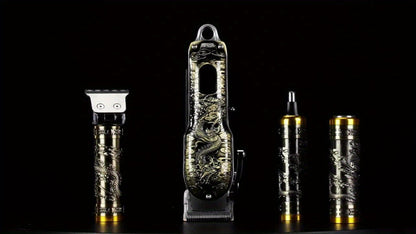 Hair clipper set with dragon design on a black background