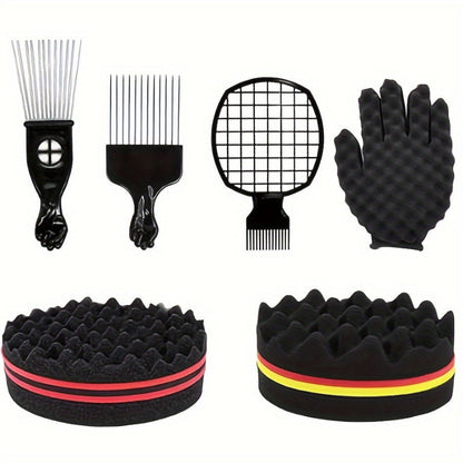 Complete hair styling kit showing magic curl sponge, twist combs, and finishing tools for textured hair