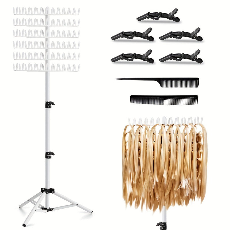 Hair extension stand with hangers, clips, and combs on a white background