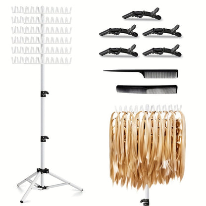 Hair extension stand with hangers, clips, and combs on a white background