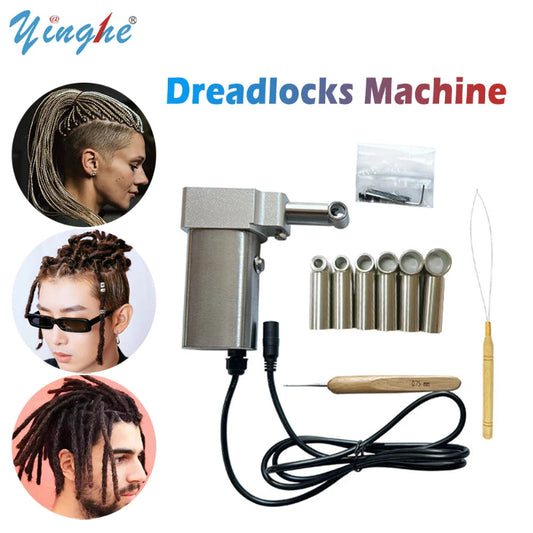 Yinghe dreadlocks machine with attachments and images of people with styled hair.